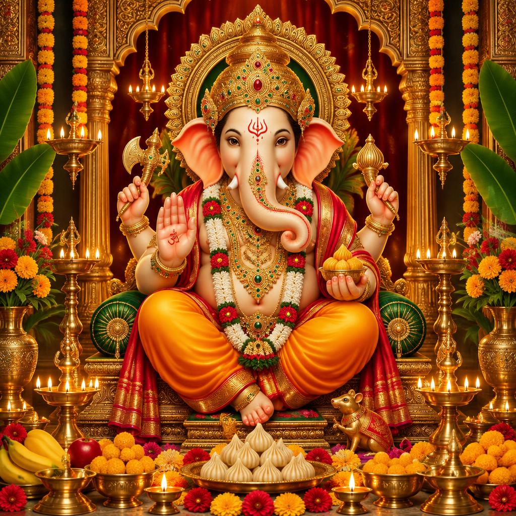 Lord Ganesha seated in a decorated temple for Ganesh Chaturthi